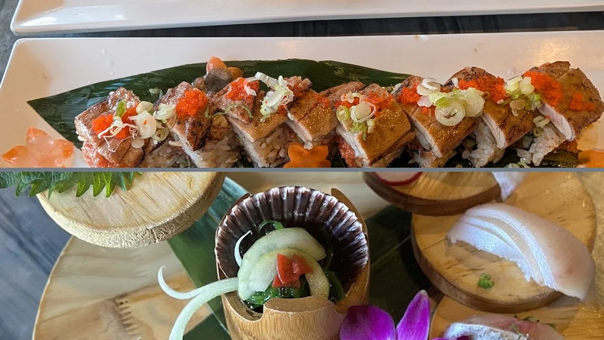 Sushi rolls on a casual dining table.