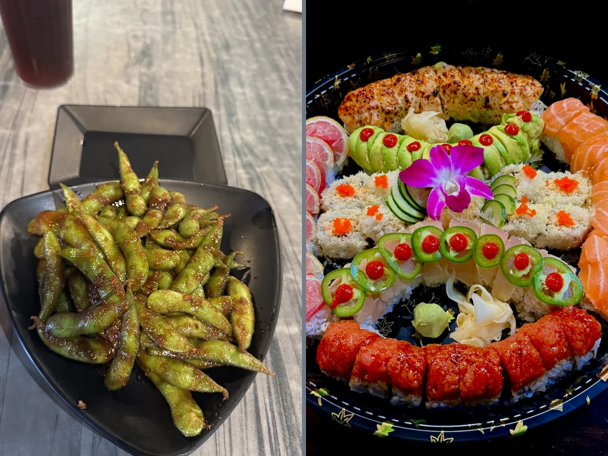 Plated sashimi beside small dishes.