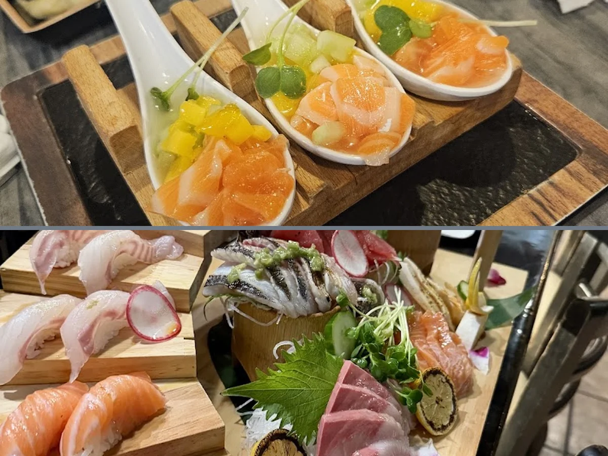 A busy sushi house with counter seating.