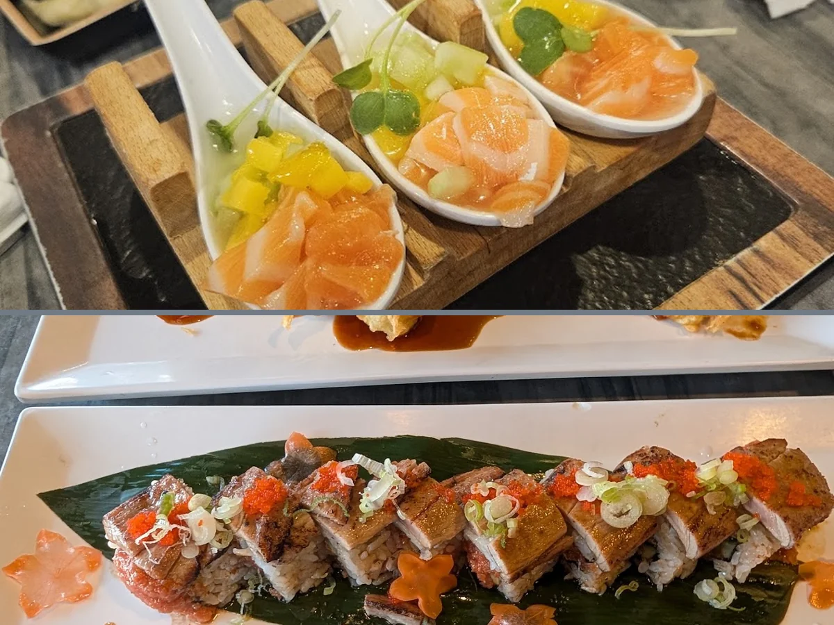 Plated sashimi beside small dishes.
