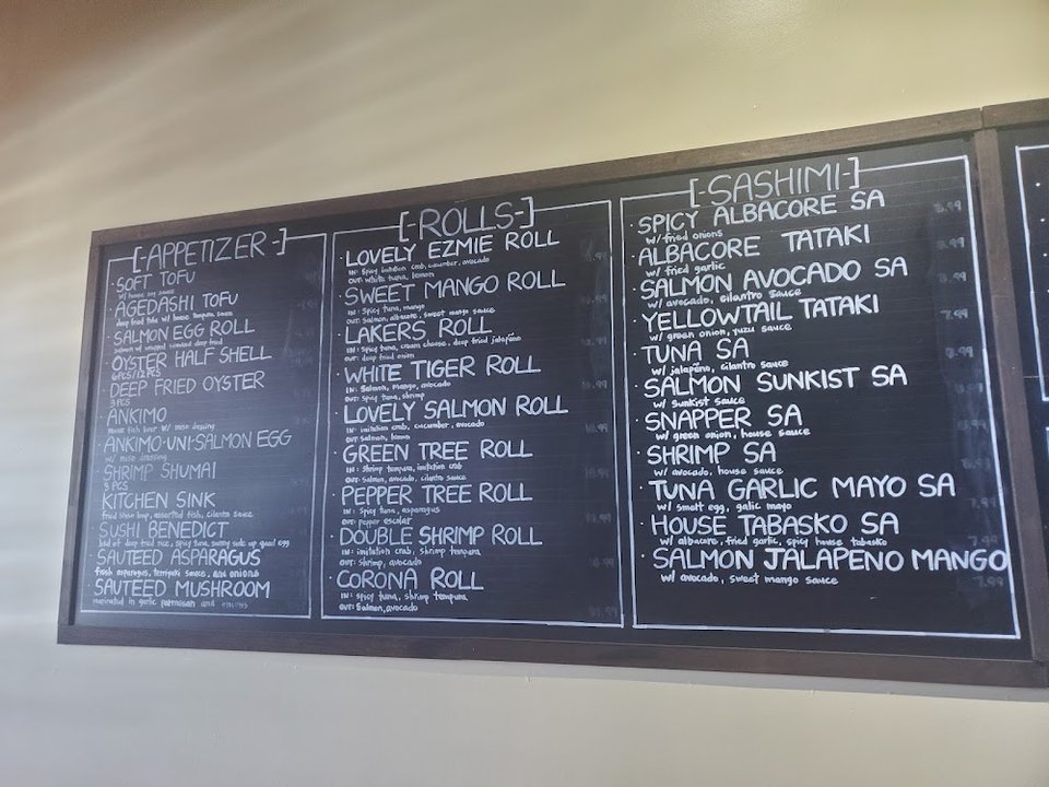 Sushi menu with roll and sashimi choices.